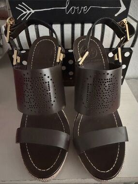 Women’s Tory Burch Dark Brown Perforated Leather Sandals